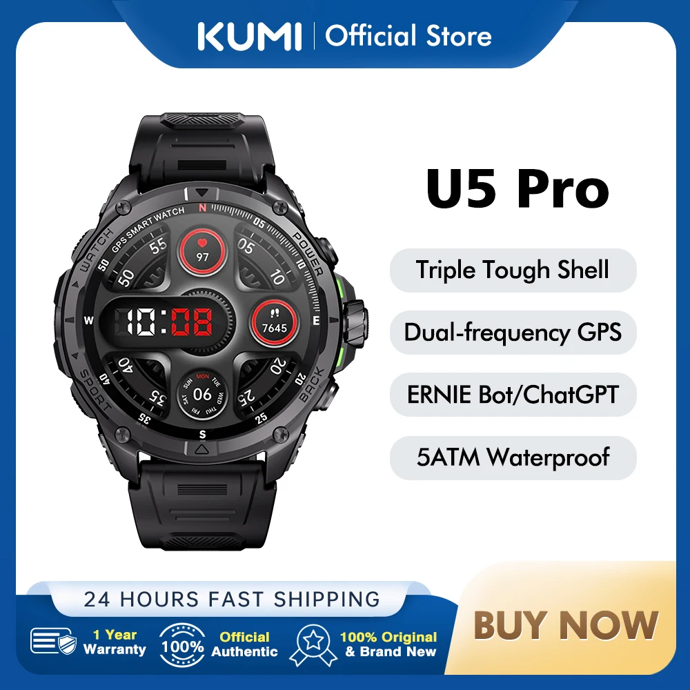 KUMI U5 PRO 1.43′′ Schermo AMOLED GPS Smart Watch Chiamata Bluetooth Misurazione della frequenza cardiaca Ossimetria Outdoor 100+ Sport SOS Uomo