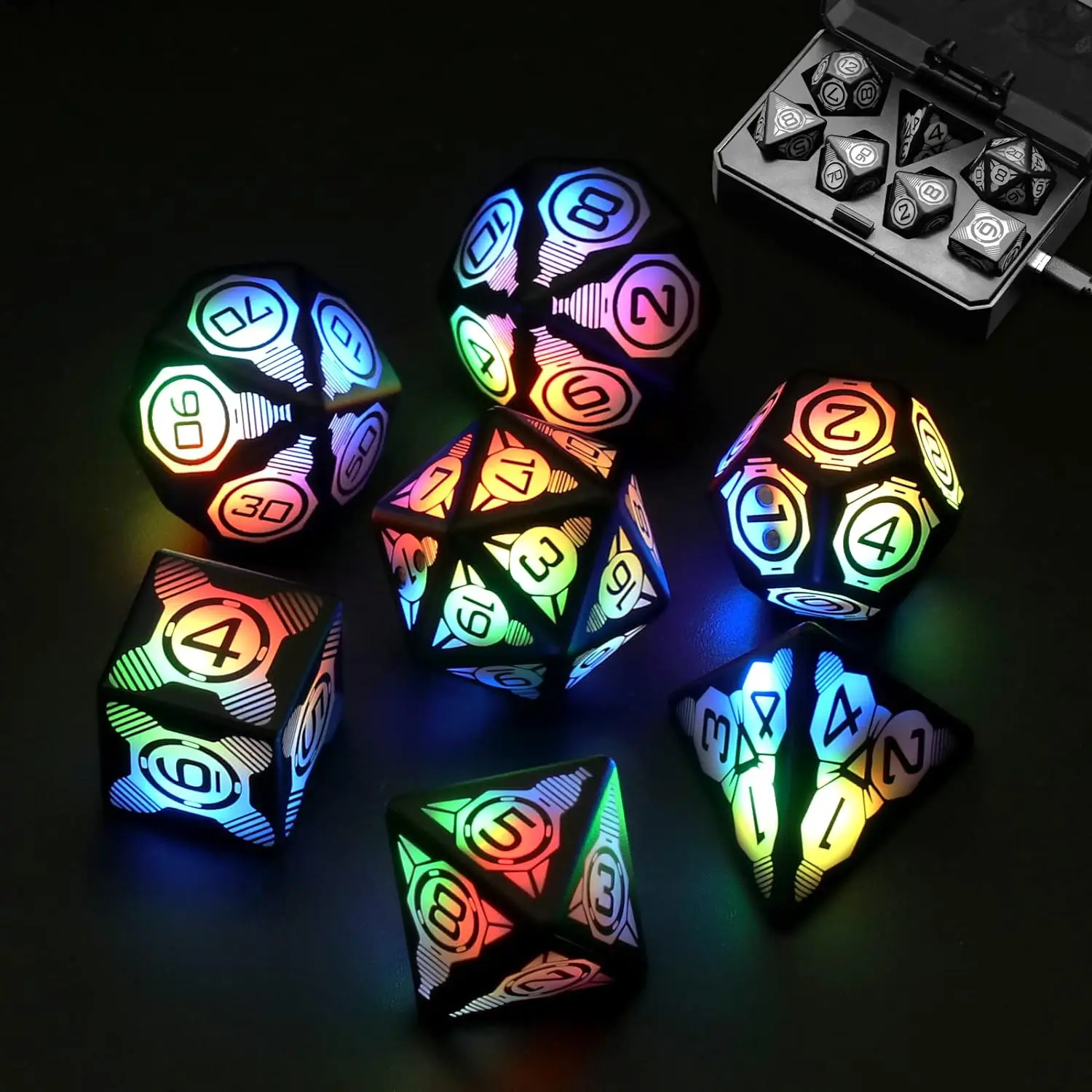 Dados LED de carregamento magnético com caixa de carregamento Dados poliédricos para jogos de mesa 3 modos de iluminação Dungeons and Dragons