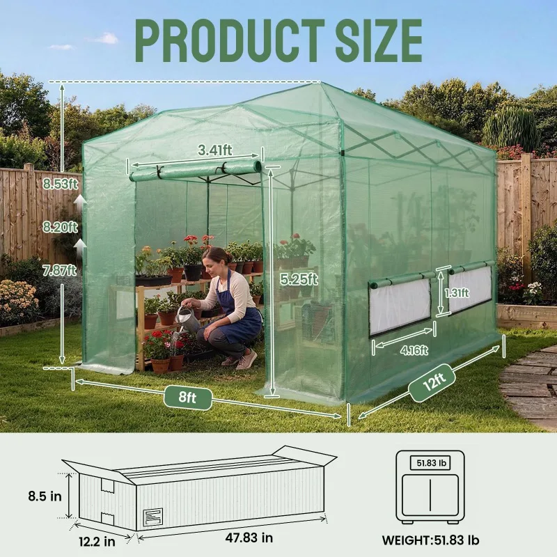 12X8 Pop Up Outdoor Walk-in Portable Greenhouse,Green