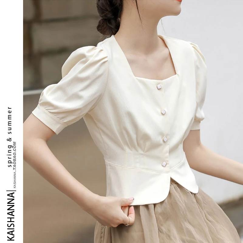 

Brand High-End Women's Square Collar Bubble ort Sve irt ort Sle Faion Waist-Cinching Top Korean Commute Sle