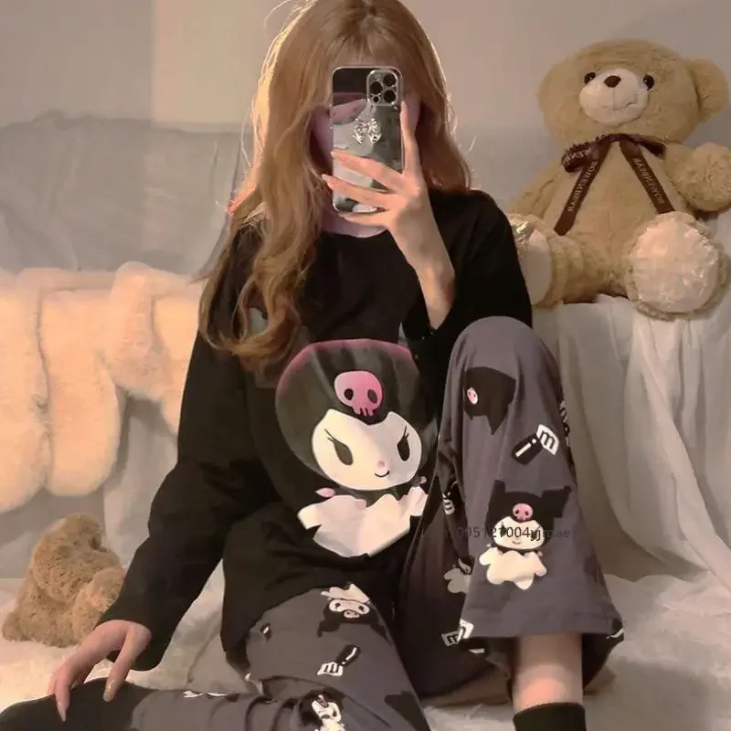 أنيمي 2 قطعة Kuromi المرأة منامة ربيع جديد أنيمي الفتيات الأسود موضة طويلة الأكمام بنطلون طالب عادية طالب المتسكعون