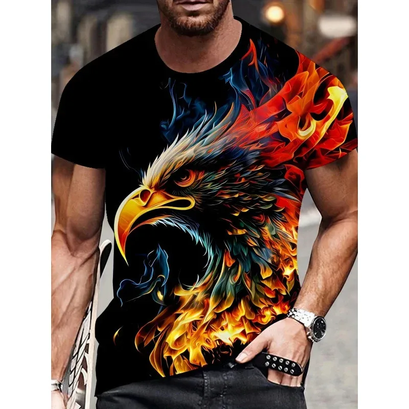 Men 3D Red Eagle Head Print Short Sleeve Crew Neck Streetwear Casual Graphic T Shirt Multi Patterns