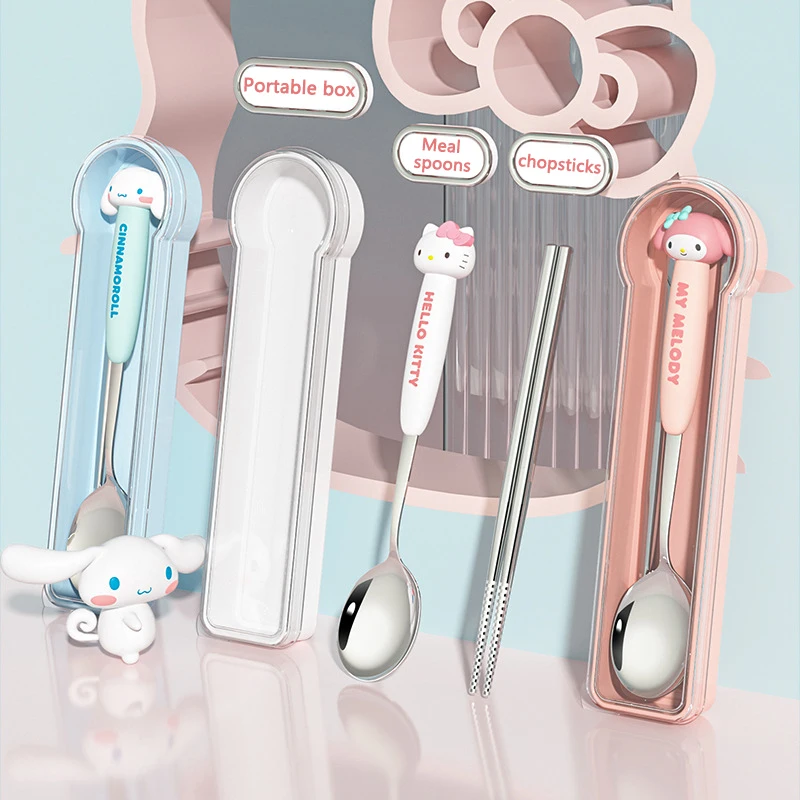 Kawaii Cinnamorolls 304 Stainless Steel Portable Commuter Cutlery Cute Melodys Kid Cartoon Spoon Student Cutlery Chopsticks Gift