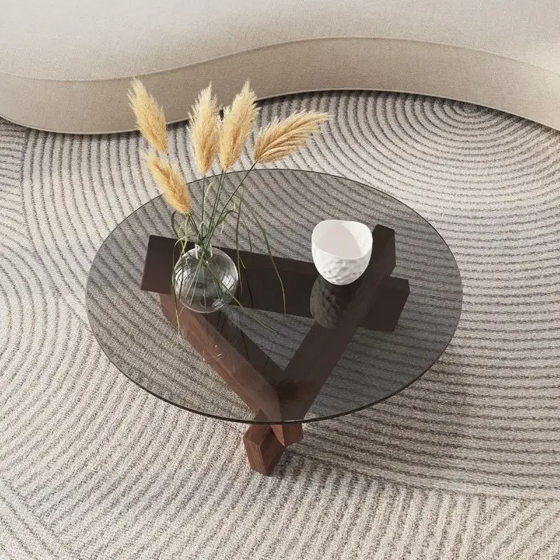 Nordic Household Solid Wood Tea Table Tempered Glass Round Table Creative Modern Homestay Small Unit Light Luxury Tea Table