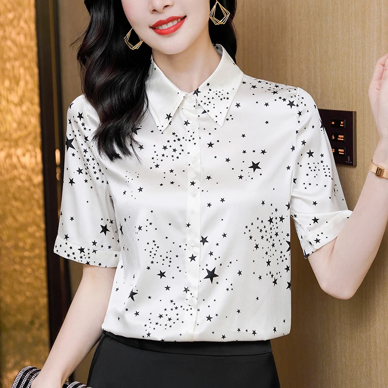 

Summer 2026 Women's Star Print Shirt Short Sleeve Elegant Fashion Shirts Blouse for Women Tops Real Silk Woman Satin Blouse