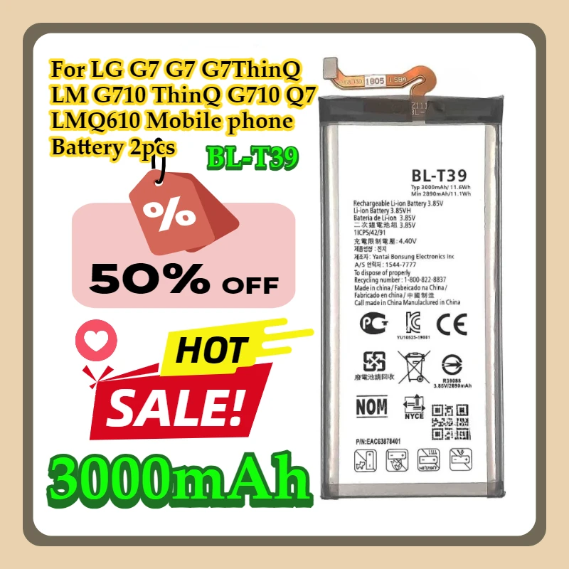 

For LG G7 G7 G7ThinQ LM G710 ThinQ G710 Q7 LMQ610 BL T39 Mobile phone BL-T39 3000mAh Battery 2pcs