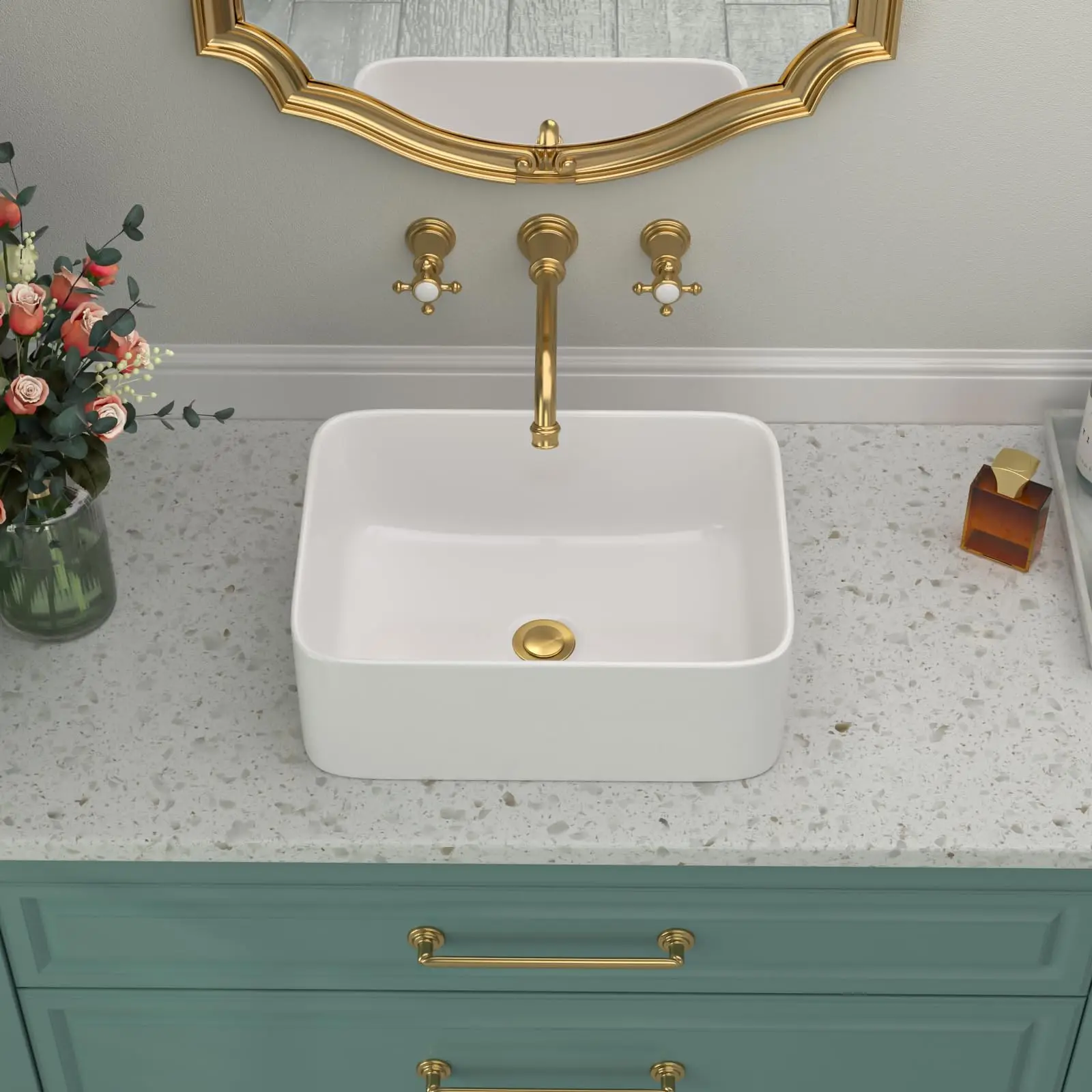 

Rectangular White Ceramic Vessel Sink Semi Recessed Above Counter Bathroom Basin