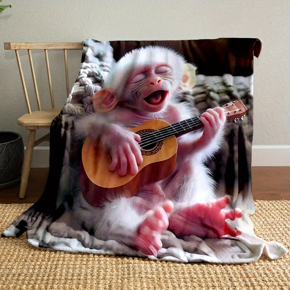 Cute Funny Monkey Guitar Plush Print Throw Blanket Cozy Decor Fleece Pet Animal Novelty Gift for Sofa Bedding Living Room