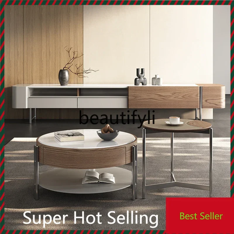 

Small apartment coffee table TV cabinet living room household 2024 new marble light luxury round coffee table G1218