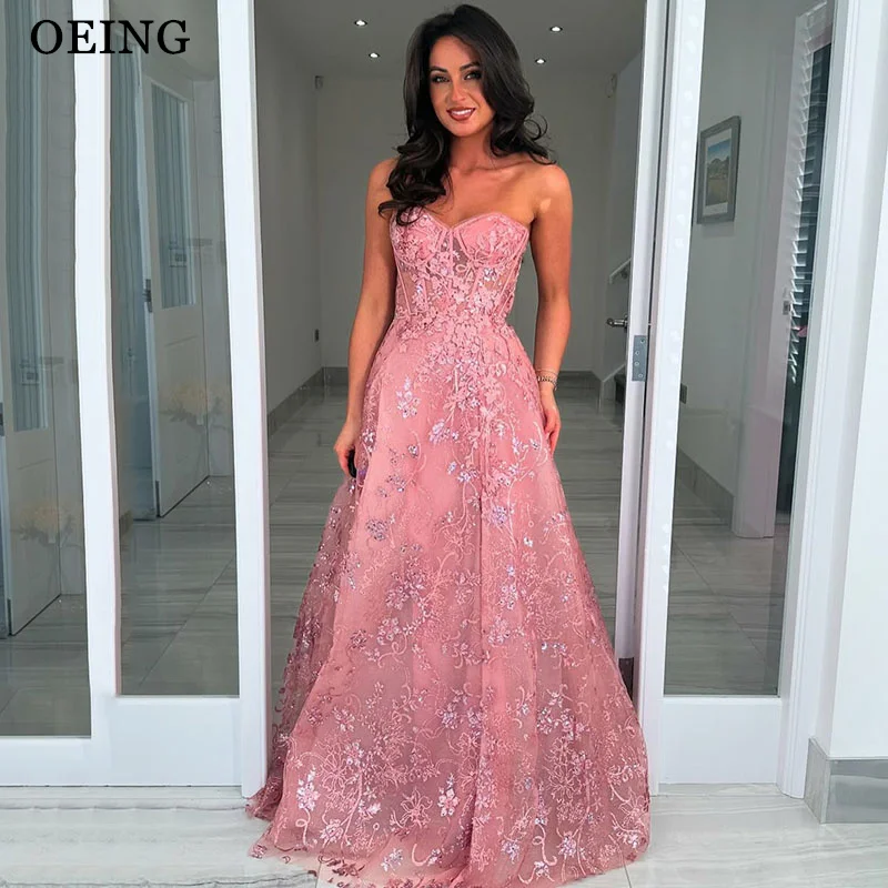 

OEING Charming A-Line Prom Dress Pink Sweetheart Appliques Lace-up Back Party Gowns Floor-Length Evening Dresses Customized