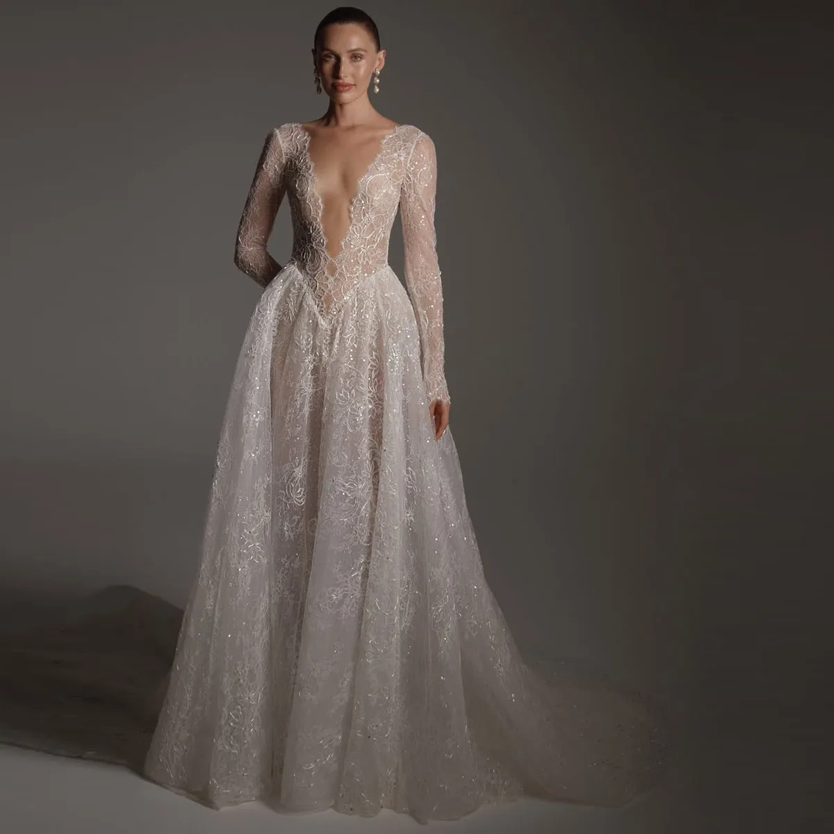 Customized Luxury V Neck A Line Wedding Dress For Girls Long Sleeve Princess Ball Gown Bride Dress Vestido De Novia