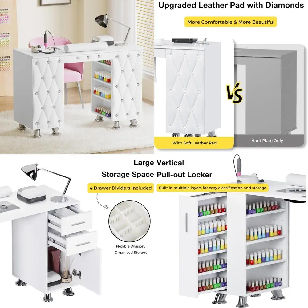 Nagelstudio-Arbeitsplatz mit Staubsammler, Handgelenkstütze, Schubladen und Schrank in Weiß, acrylbeständig