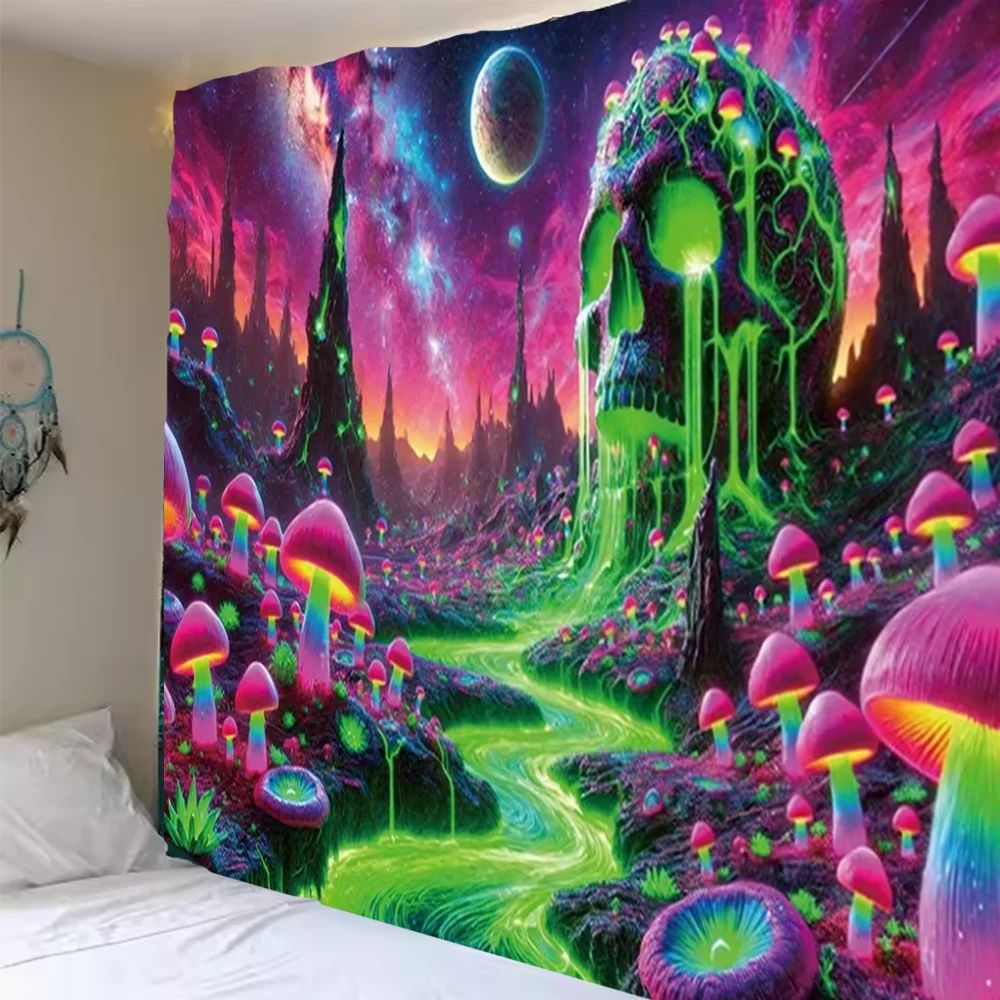 Psychedelic Cyberpunk Skull Eye Tapestry Mushroom Forest Dreamy Bedroom Bohemian Backdrop Fantasy Energy Field Art Decorations