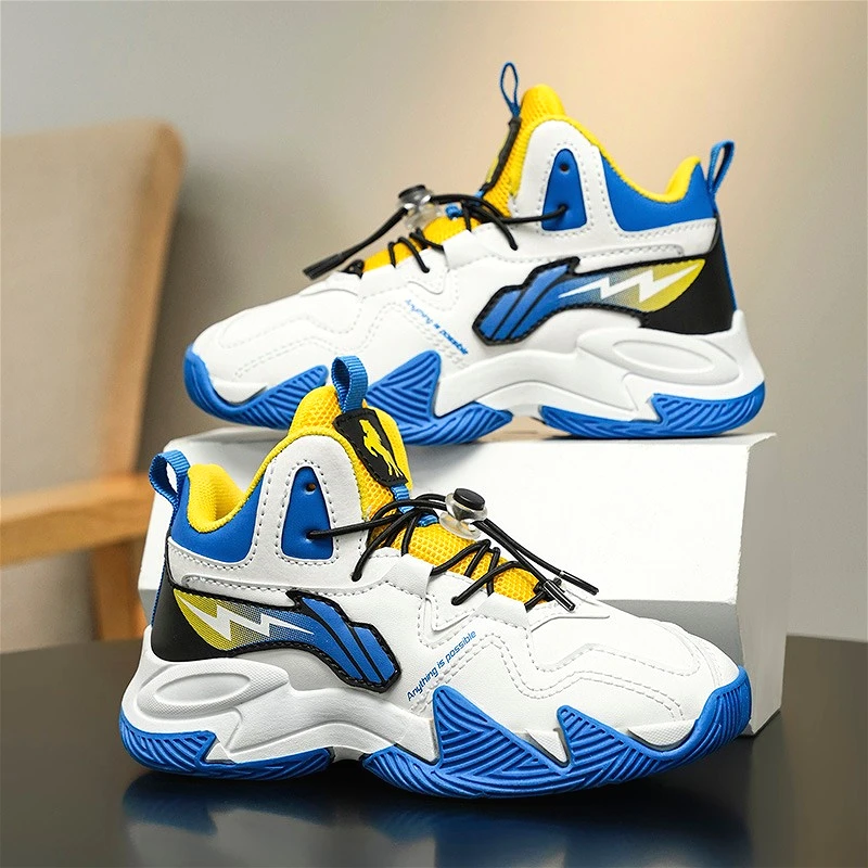 

2025 Kids Sports Shoes Fashion Colorblock Design Boys Basketball Shoes Comfortable Cushion Non-slip School Childrens Casual Shoe