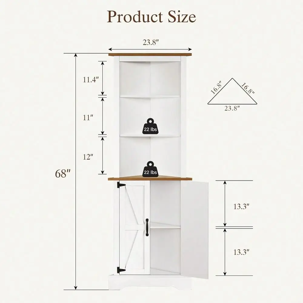 Tall Corner Cabinet With Barn Doors, 5Tier Farmhouse Storage Cabinet With Adjustable Shelves For Corner, Home Space Saver For L