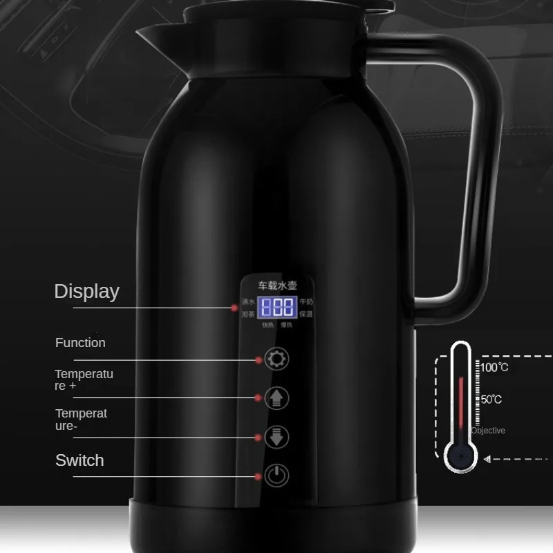 Portable Car Hot Kettle 1200ML Water Heater Travel Auto 12V/24V for Tea Coffee 304 Stainless Steel Large Capacity for Vehicle