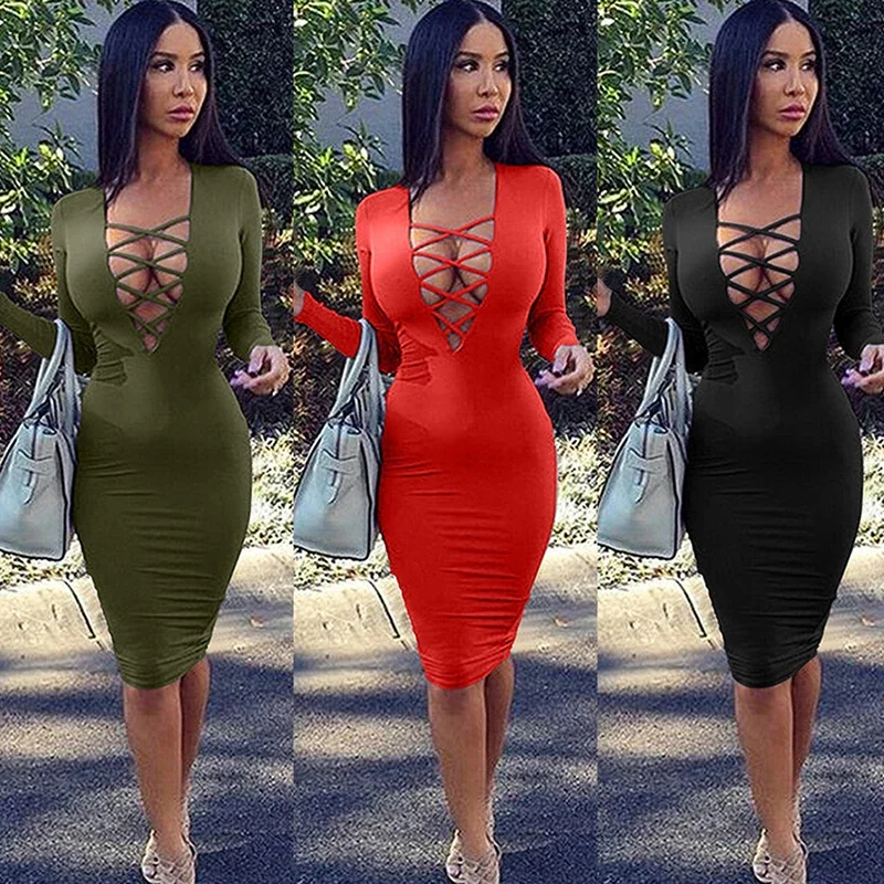 Sexy Deep V Neck Cross Bandage Hollow Out Slim Bodycon Dress Women Long Sleeve Elastic Skinny Dress Elegant Club Party Vestidos