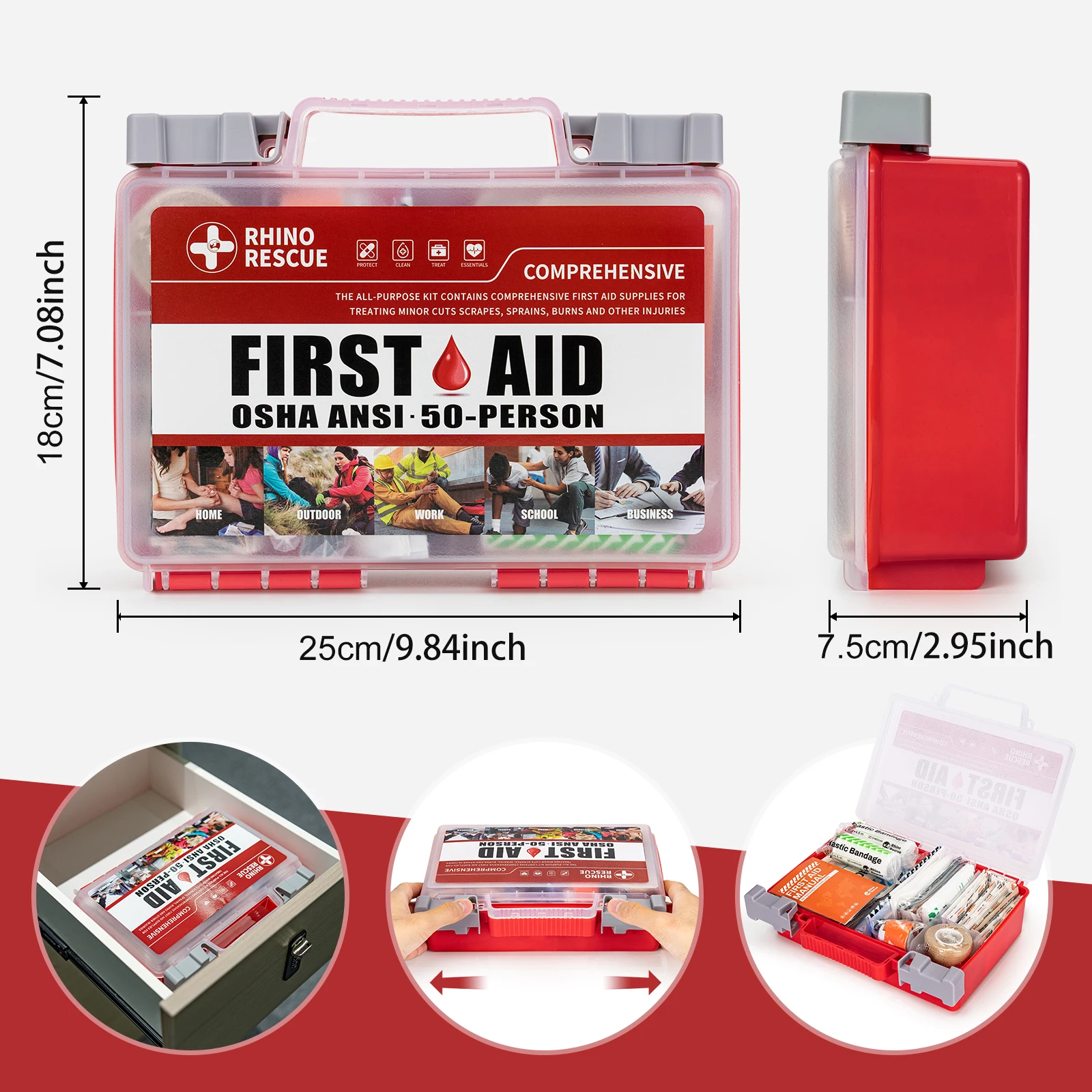 Kit de primeiros socorros completo Rhino Rescue, material médico de emergência para casa e escritório, adequado para escola, carro, ao ar livre, viagens