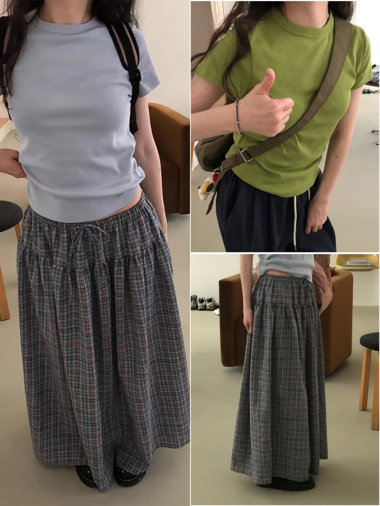 Vestido Longo Retro com Estampa Xadrez e Cordão, Conjunto de Cseta de Manga Curta em Cor Sólida, Estilo Casual F pa...