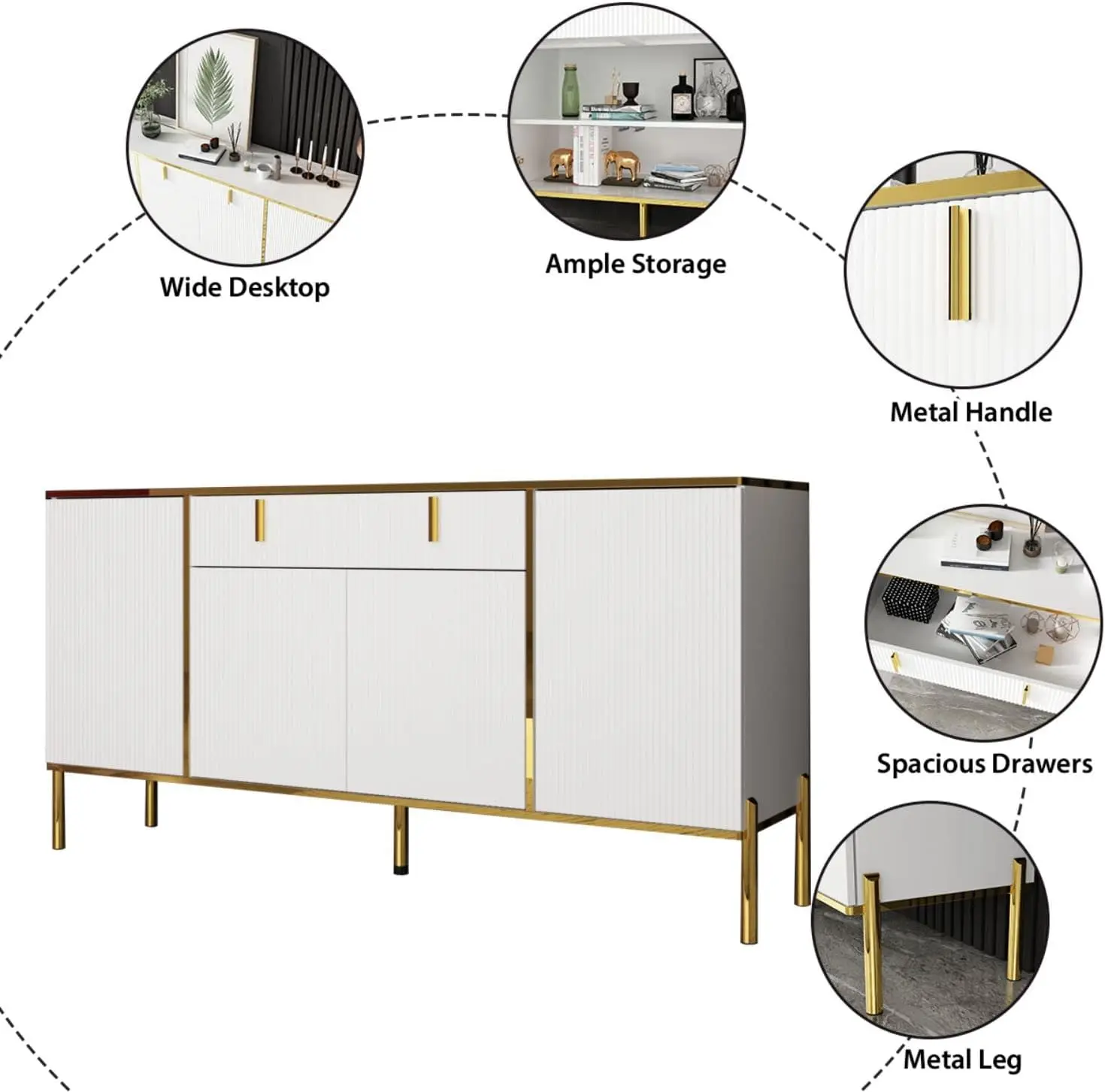 FAMAPY modern credenza sideboard buffet with drawer and pop-up doors, gold metal legs, for living room or hallway.