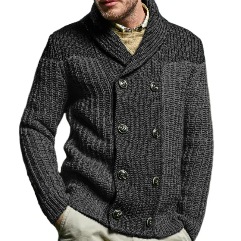 American New Style Color-blocking Knitted Sweater, Lapel Long-sleeved Sweater, Plus-size Men's Clothing for Autumn and Winter.