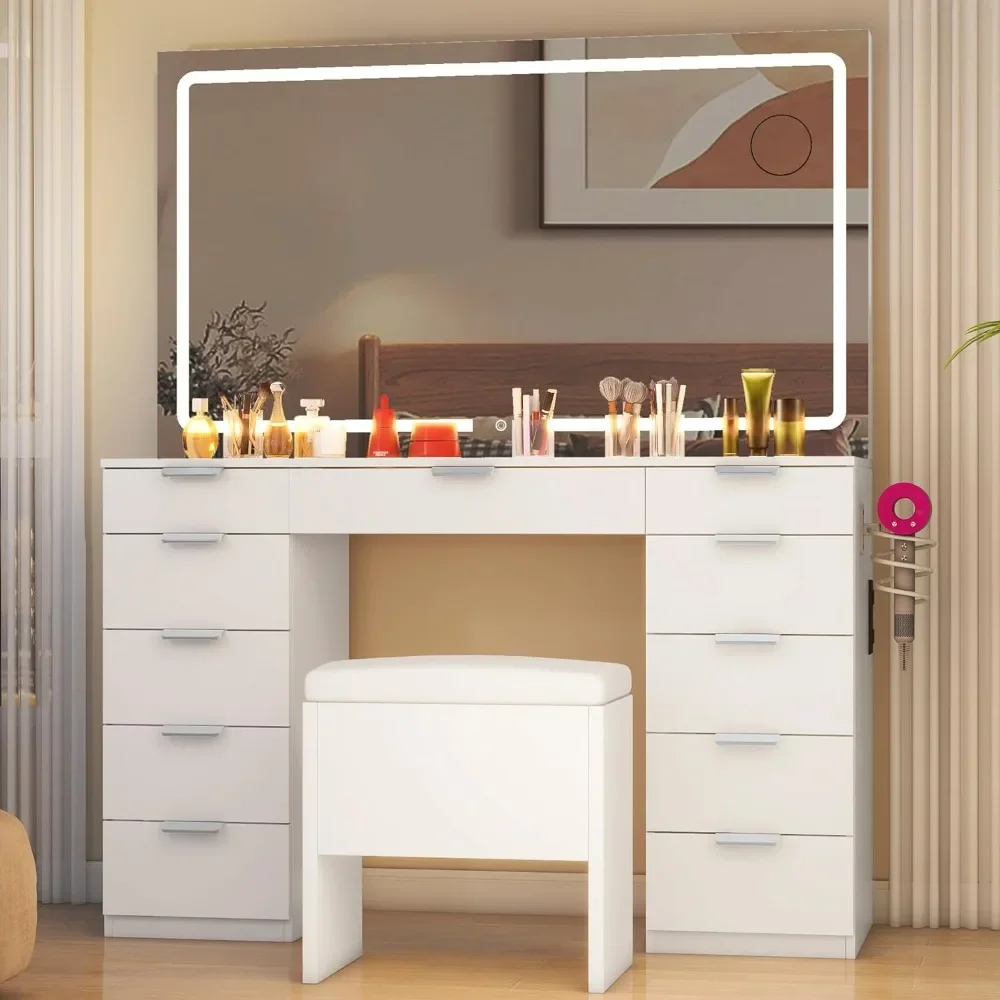 Vanity Desk Set with Adjustable LED Lighted Mirror & Power Outlet, Glass Top Makeup Vanity with 11 Drawers and Magnifying Glass