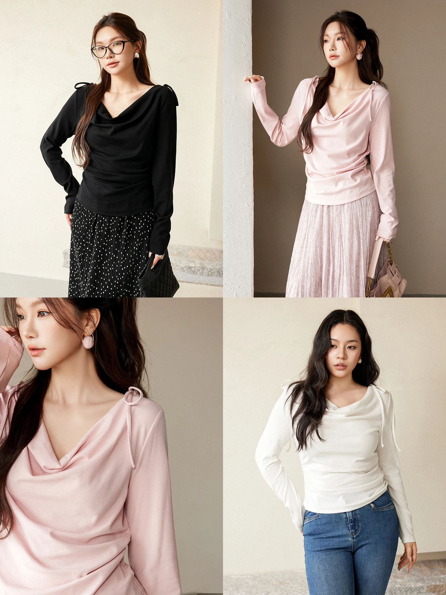 

Plusmall Chutao Moonlight Women's Knitted Top Spring Style Long Sleeve Bouclé Cotton with Belt High Elasticity Crew Neck