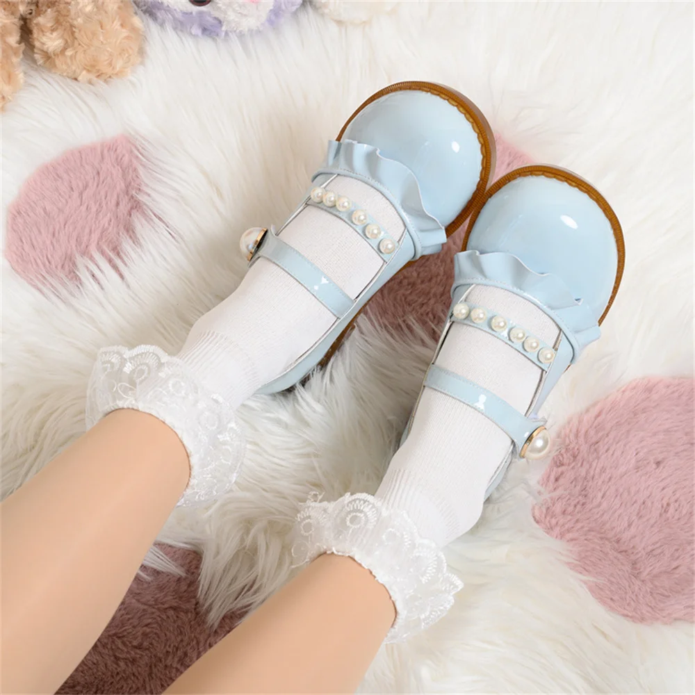 Spring Girls Ruffle Pearl Kawaii Girl Women Lolita Shoes Multicolor Pu Round Head Low Heel Elegant Woman Cosplay Lolita Shoes