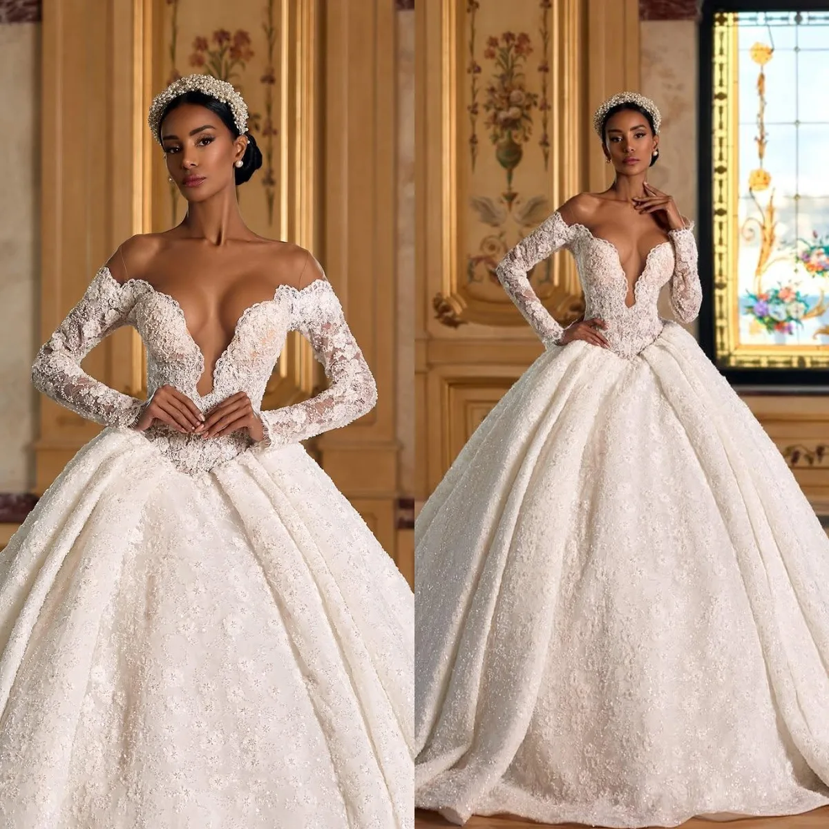 

Sexy Ball Gown Wedding Dress Lace Appliques Bridal Gowns Sheer Neck Long Sleeves Sweep Train Customized vestidos de novia