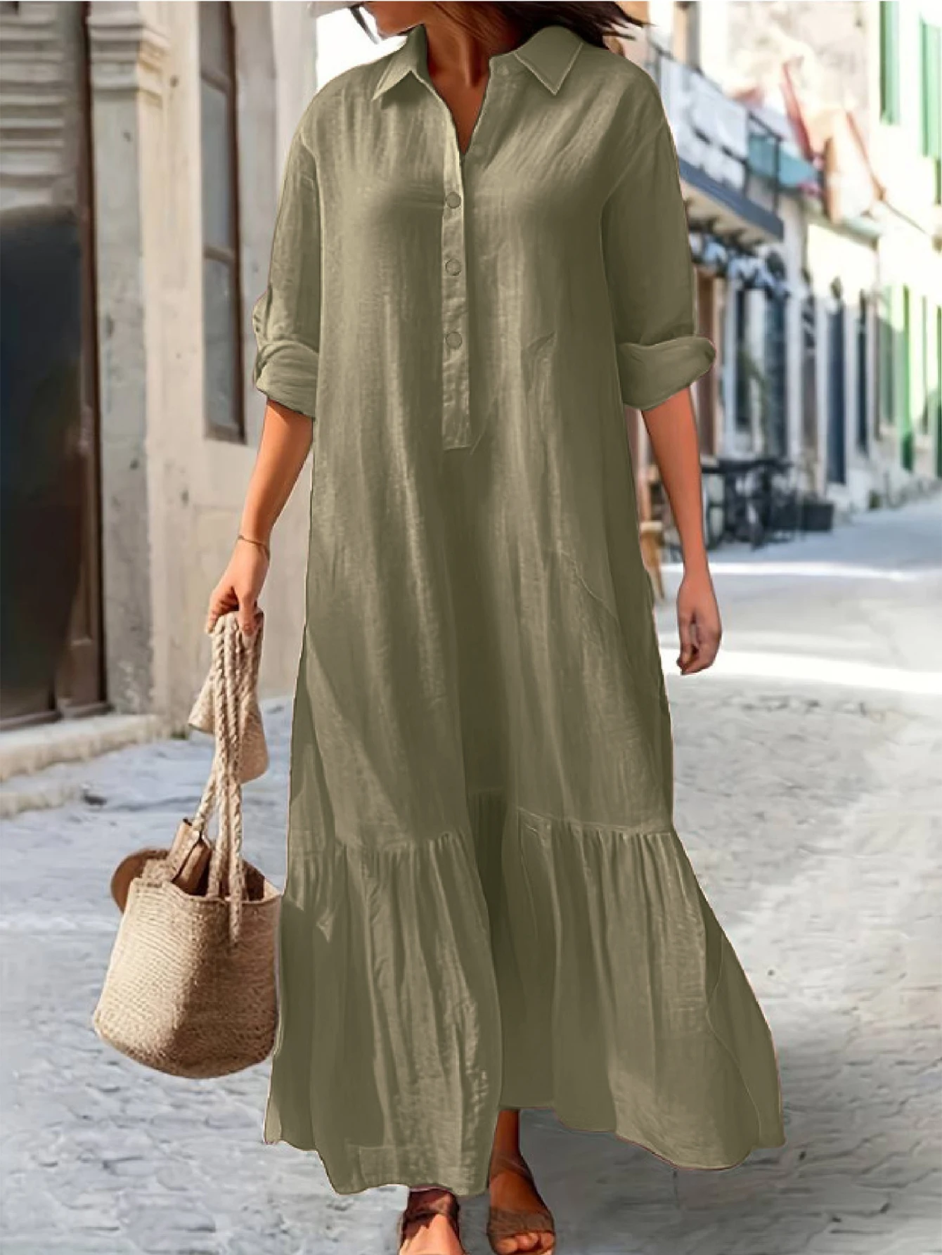 Abito maxi casual da donna con dettaglio bottoni, colletto della camicia a maniche lunghe, vestibilità ampia, tinta unita, abbigliamento autunno inverno