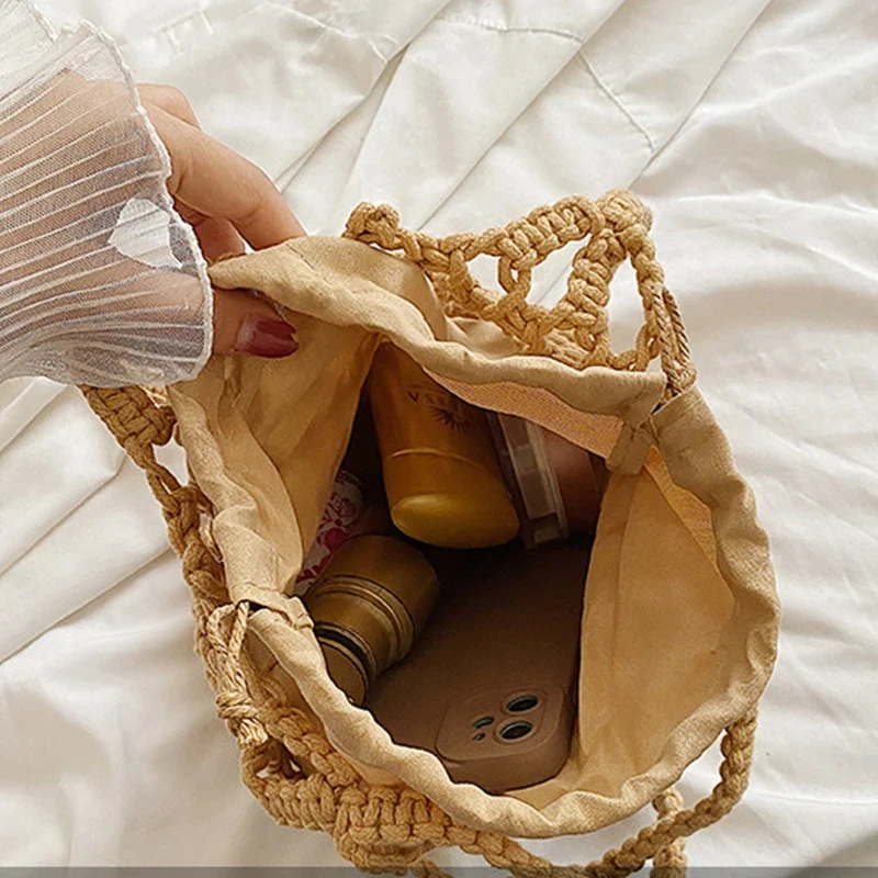 Borsa da spiaggia estiva per donna borsa a tracolla a secchiello lavorata a maglia con corda a rete borsa a mano da viaggio con reticolo cava Totes borsa moda donna