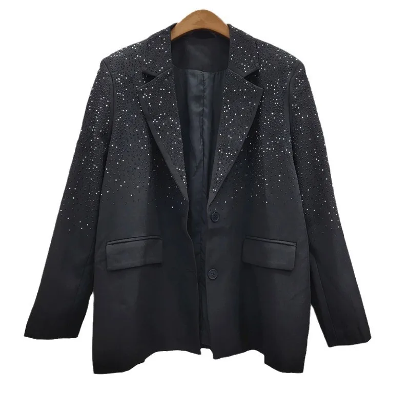 Heavy Embroidery Hot Drilling Shiny Black Suit Women Loose Mid-Length Slimming Suit Jacket Spring Autumn New Cardigan Coat Lady