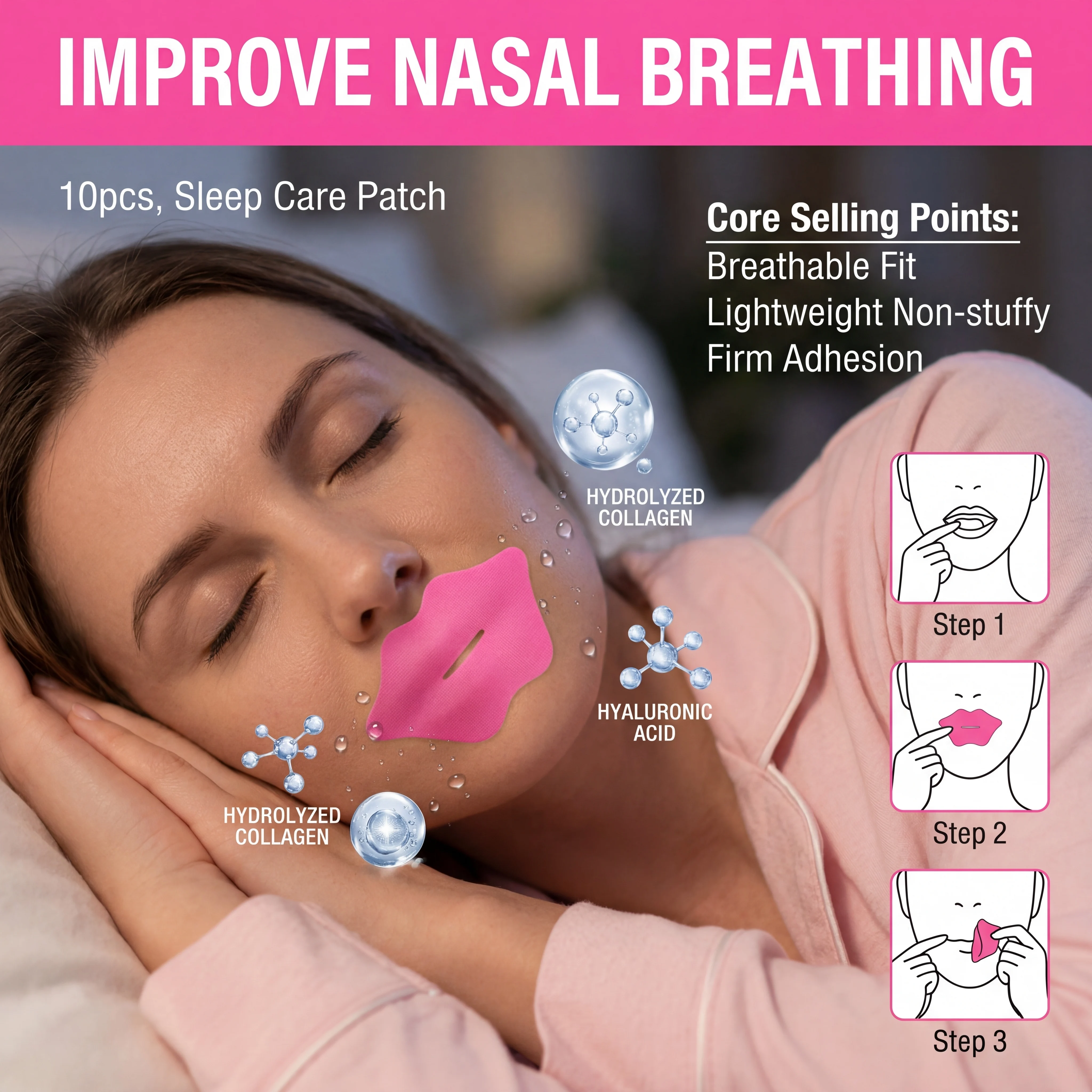 10 Pcs Mouth Tape for Sleep Anti Snoring Mouth Strips for Better Breathing Night Sleep Care Lip Patch Collagen Hyaluronic Acid