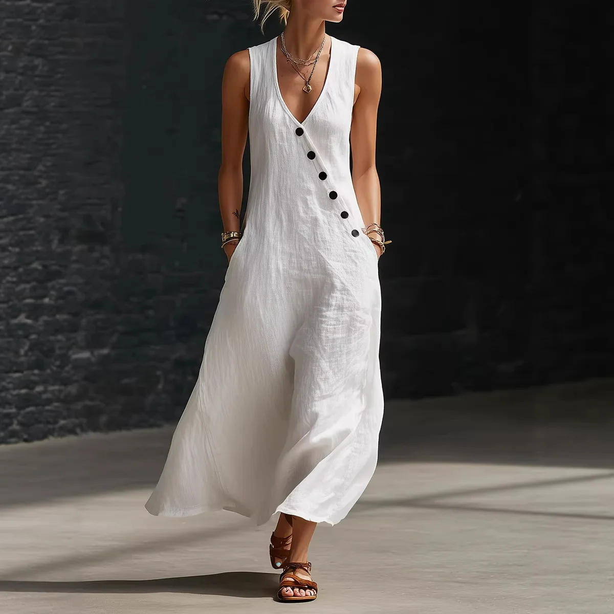 Casual Sleeveless Loose Maxi Dress Women Summer Fashion Solid V-neck Holiday Party Button Patchwork Ladies Dress Streetwear