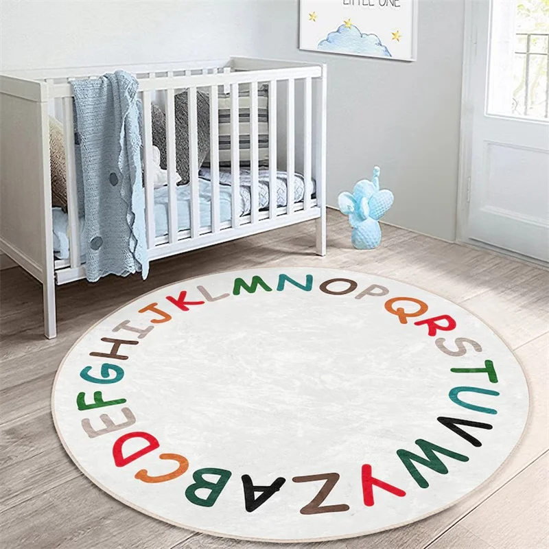 Letters Round Rug Alphabet Floor Carpet Train Non Slip Circle Rugs Animal Anti Slip Mat Beige Toddler Area Rugs for Kid\'s Room