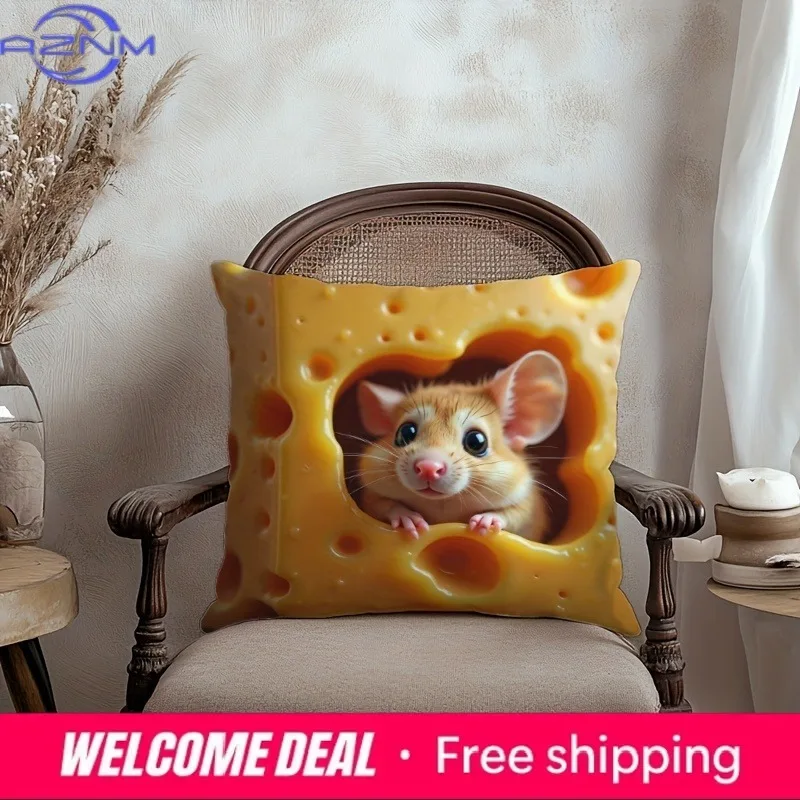 Cute Mouse-in-Cheese Pillow: Add a Whimsical Touch to Your Home! Sofa cushion cover, home room dormitory decoration, 2D printing