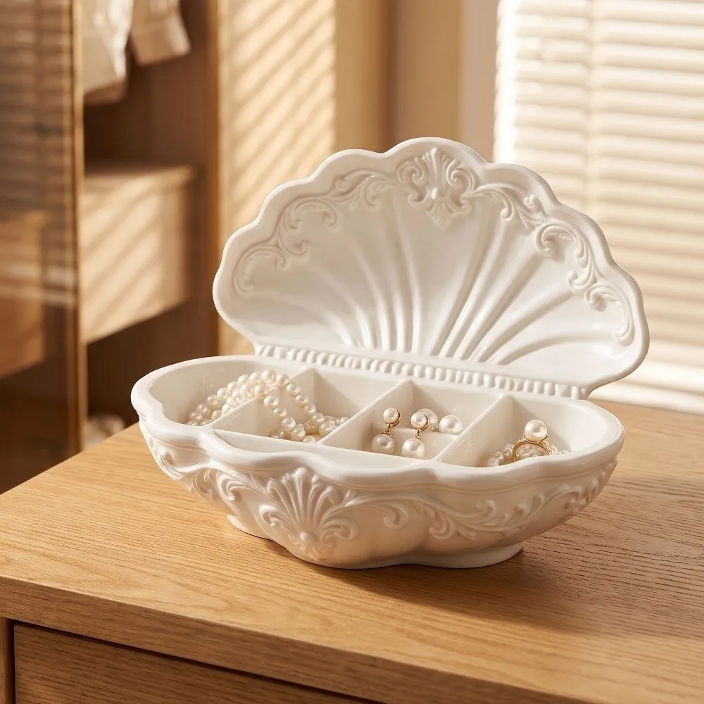 3D Printed Shell-Shaped Jewelry Tray Oval Vanity Decor Multi-Compartment Organizer Multi Functional Decorative