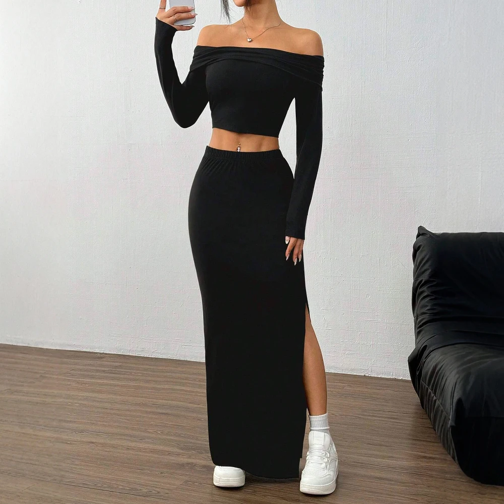 

Mia Muse Boutique Women's Sets Autumn K-Fashion Long Sleeve Off Shoulder Cropped Top High Waist Midi Side Slit Skirts Sets