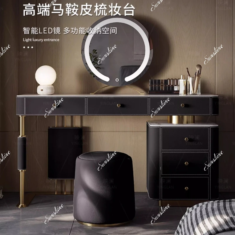Saddle leather dresser modern bedroom light luxury rock slab storage makeup table