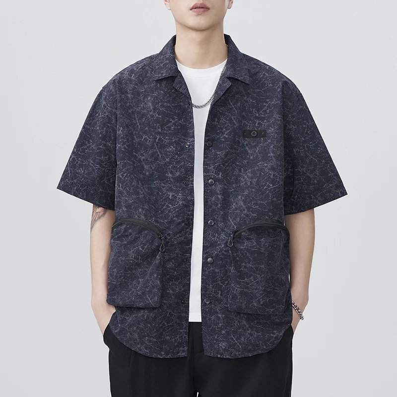 

Summer 3D Zipper Pocket Short Sleeve Shirt Men Streetwear Fashion Loose Casual Outdoor Cargo Shirts Cityboy Plus Size Blouses