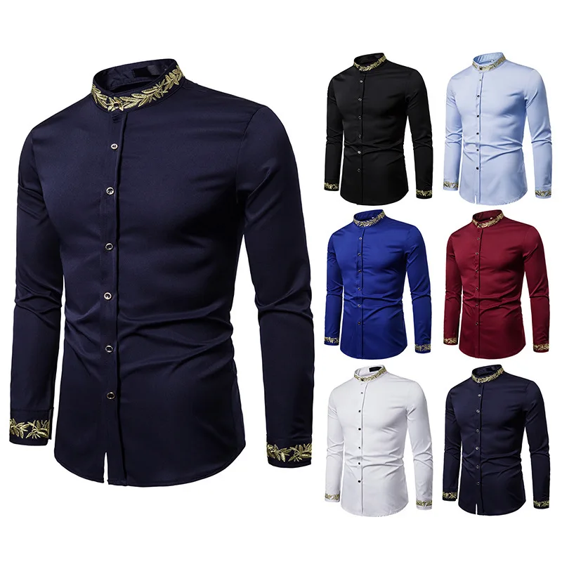 Men's Shirt European and American Style Standing Collar Long Sleeved Shirt with Embroidered Patterns European Casual Men's Shirt