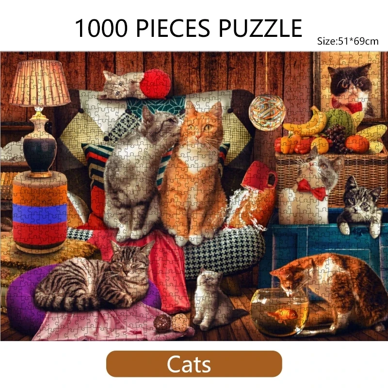 

69*51cm Adult 1000 Paper Pieces Jigsaw Puzzle Living Room Cats Cute Animals Paintings Stress Reducing Toys Christmas Gifts