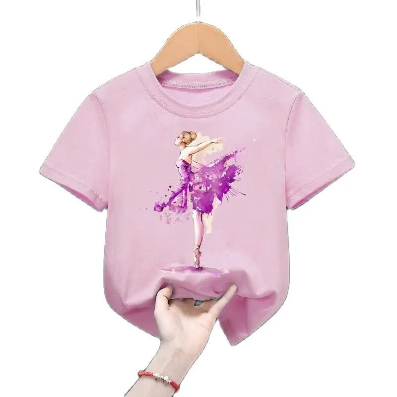 T-Shirt girocollo per bambini stampata danza classica ragazza carina manica corta rosa con camicia Base abbigliamento per bambini top TEE