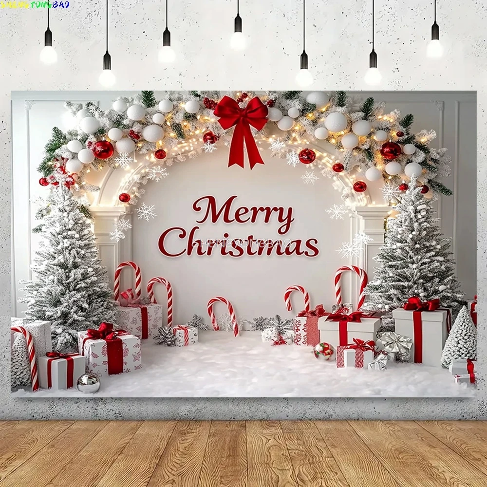 

Christmas Day Pine Tree Bell Wreath Photography Backdrops Indoor Arch Fireplace Winter New Year Family Portrait Background VF-09