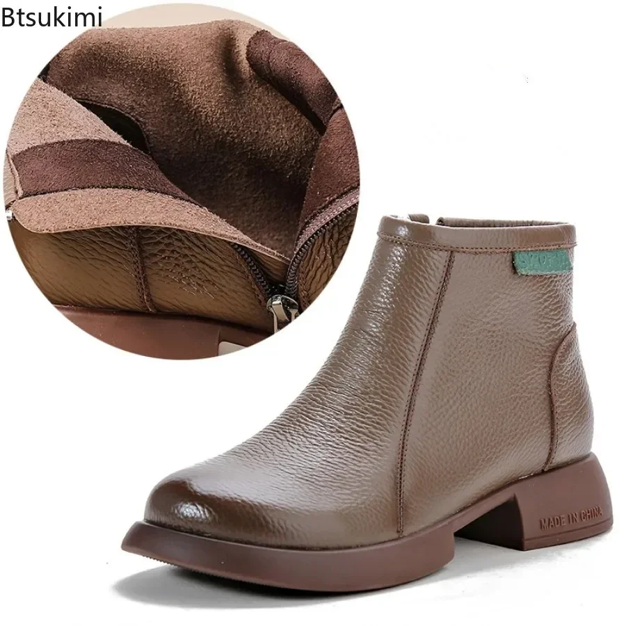 New 2025 Women's Cow Leather Ankle Boots Autumn Winter Thick Sole Plush Insulation Short Boots Female Retro Walking Casual Botas