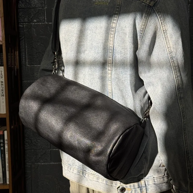 Men's Minimalist Handcrafted Genuine Cowhide Crossbody Bag Casual Top-Grain Leather Horizontal Shoulder Pillow-Shaped Design
