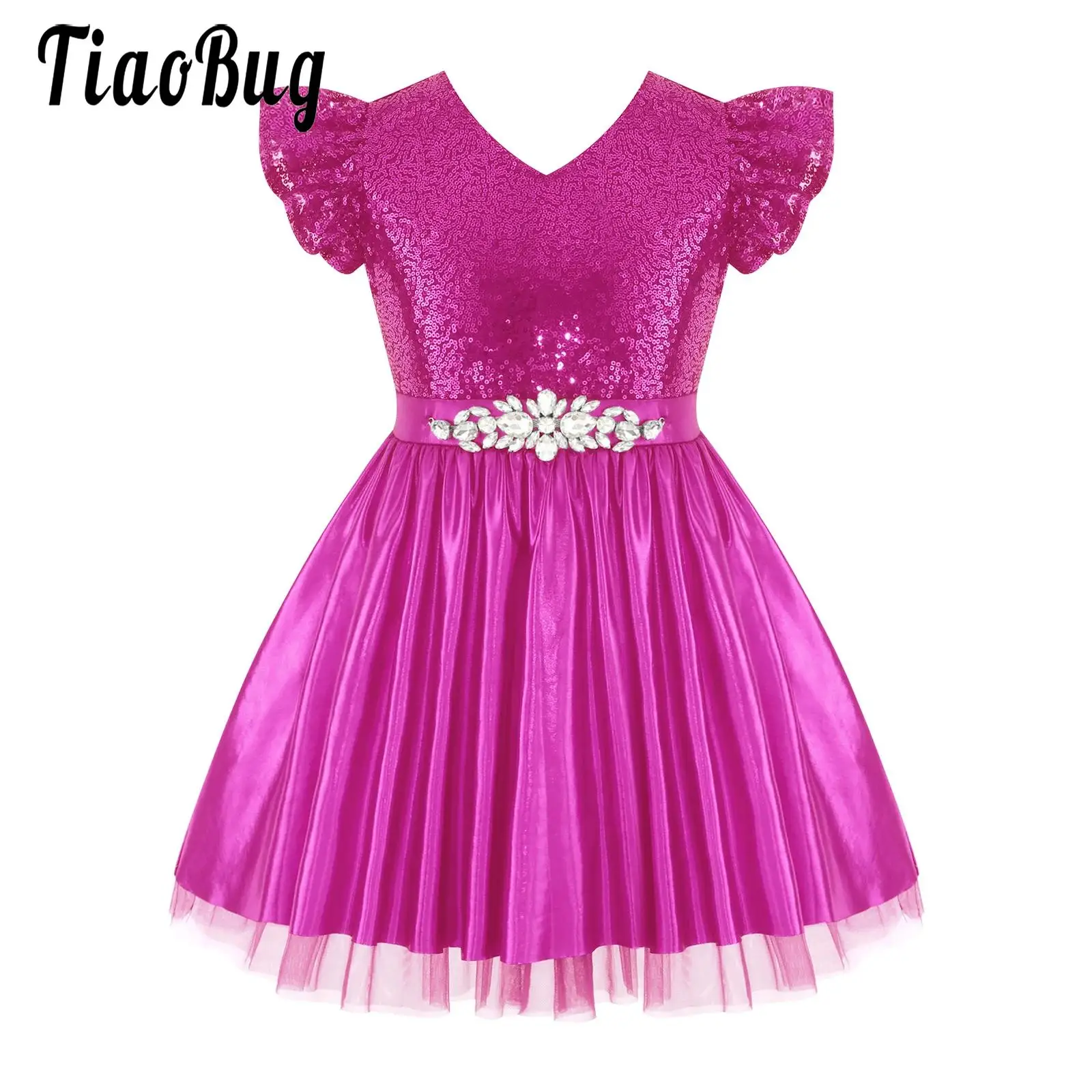 Kids Girls Flutter Sleeve Princess Tutu Dress for Wedding Party Birthday Festival Events Sparkly Sequin Ruffled Mesh Tulle Dress
