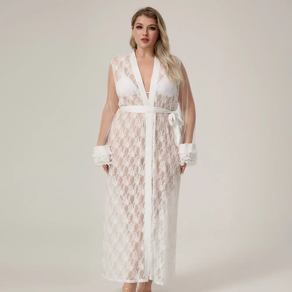 Women White Perspective Lace Long Robe Homewear Chiffon Kimono Bathrobe Loose Night Wear Loungewear