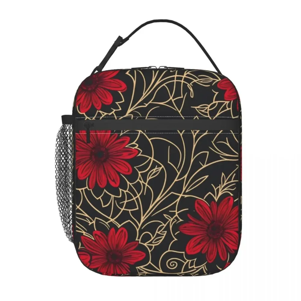 Bolsa de almuerzo con estampado de Flor Retro, fiambrera roja Floral para pícnic al aire libre, bolsas térmicas de diseño para adultos, bolsa refrigeradora portátil Oxford