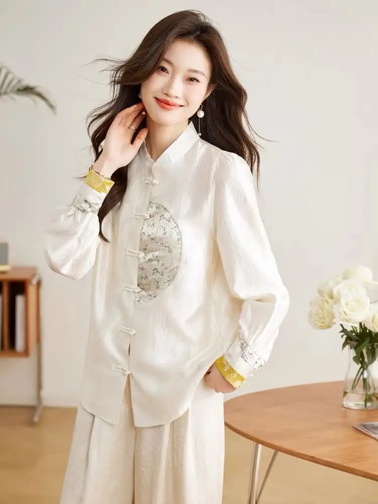 New Chinese Style Embroidery Pan Mouth Shirt for Women's Spring Standing Collar Small Shirt Paired with Horse Face Skirt Top